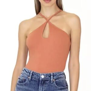 NWT AVEC LES FILLES Ribbed Key Hole One Piece Bodysuit in Lava Rock Sz M